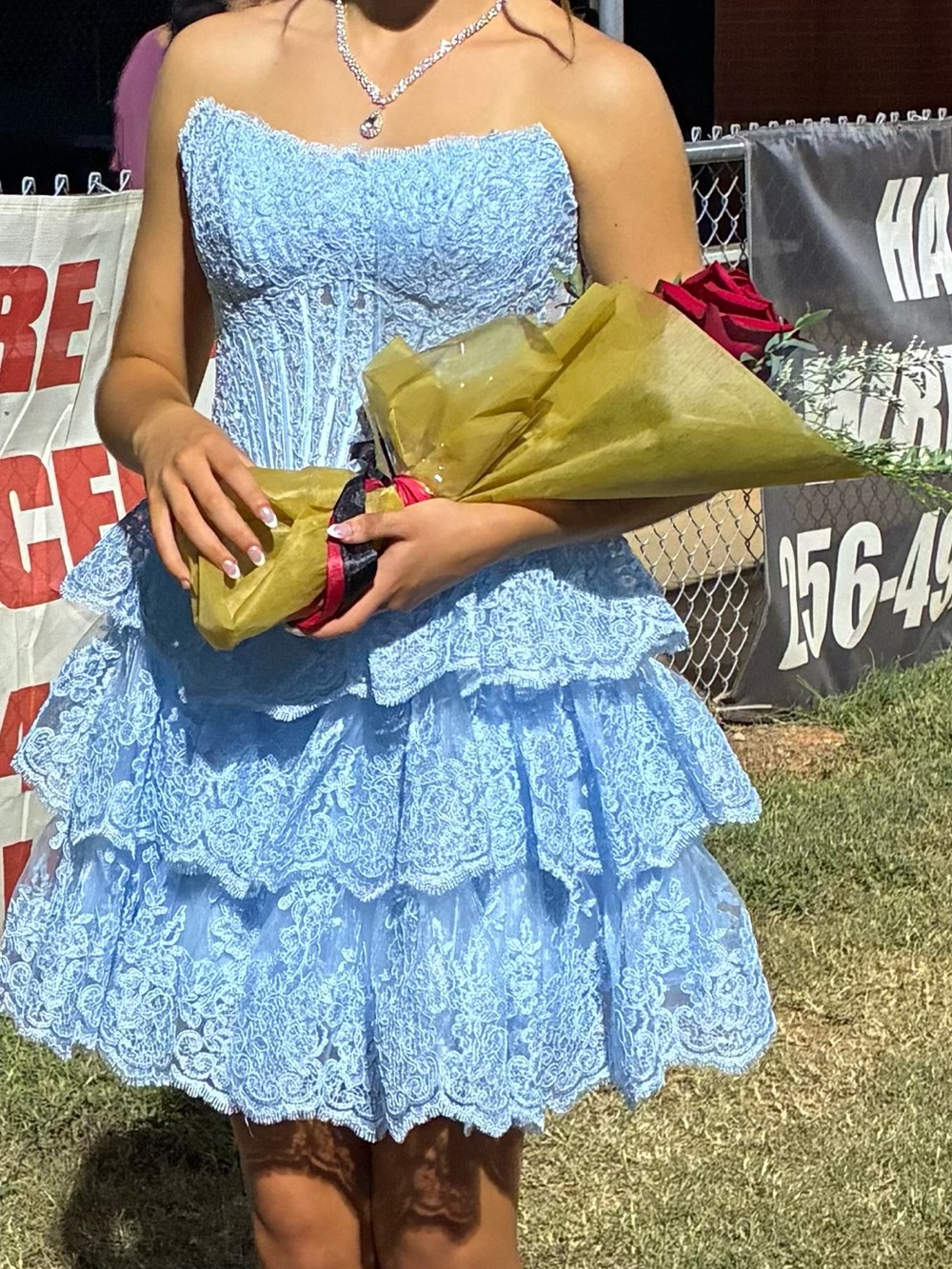 Sherri Hill Light Blue Strapless Lace Tiered Cocktail Dress